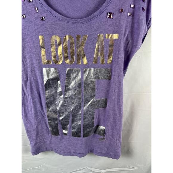 Victoria's Secret PINK purple Short Sleeve T-Shirt XS "Look at me" rhinestones - Picture 2 of 7